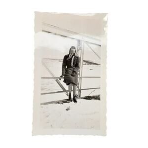 Vtg Pretty Young Woman Posing on Fence in Snow Original Monochrome Photography